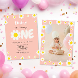 Boho Rosa Cute Daisy 1:a födelsedagsfoto Inbjudningar