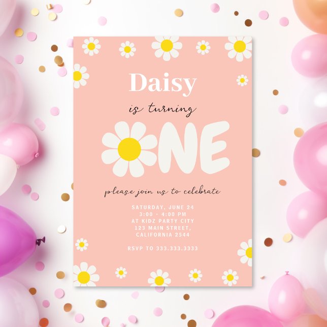 Boho Rosa Cute Daisy Flowers 1:a födelsedagen Inbjudningar (Skapare uppladdad)