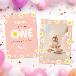 Boho Rosa Cute Daisy Flowers 1:a födelsedagsfoto Inbjudningar