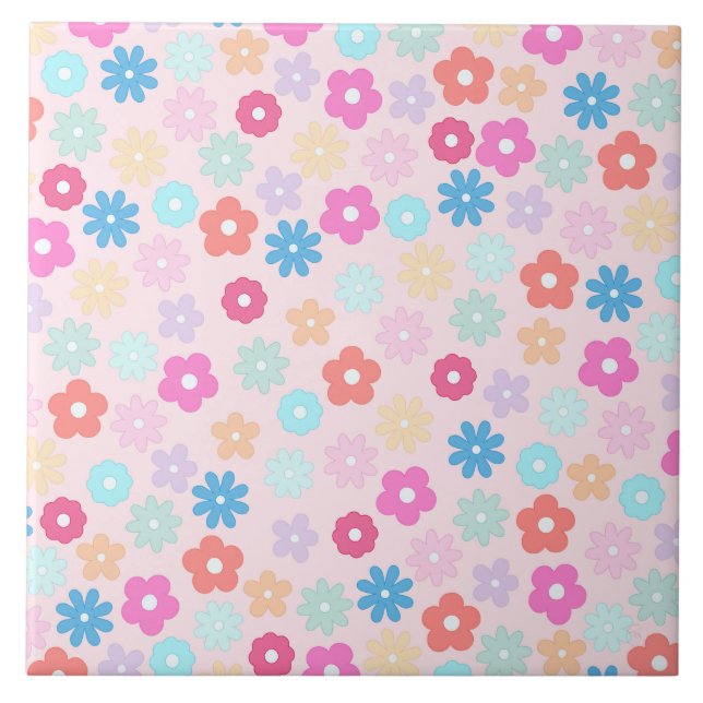 Boho Rosa Daisy Flowers Mönster Kakelplatta (Framsidan)