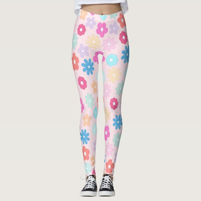 Boho Rosa Daisy Flowers Mönster Leggings (Framsida)