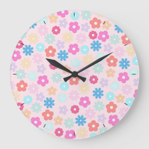 Boho Rosa Daisy Flowers Mönster Stor Klocka