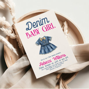 Boho Rosa Denim Flickan Blå Jean Babyfirande Inbjudningar