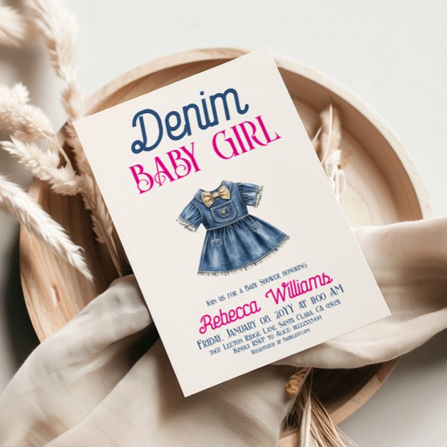 Boho Rosa Denim Flickan Blå Jean Babyfirande Inbjudningar (Skapare uppladdad)