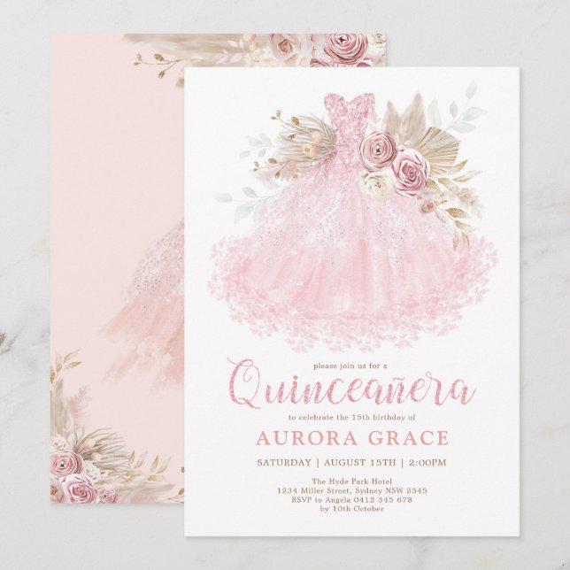 Boho Rosa Dress Quinceañera Mis Quince 15 Años Inbjudningar (Fram/baksida)