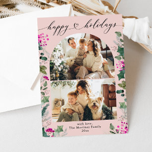 Boho Rosa Elegant 2-familjens fotokort för Helgdag Julkort