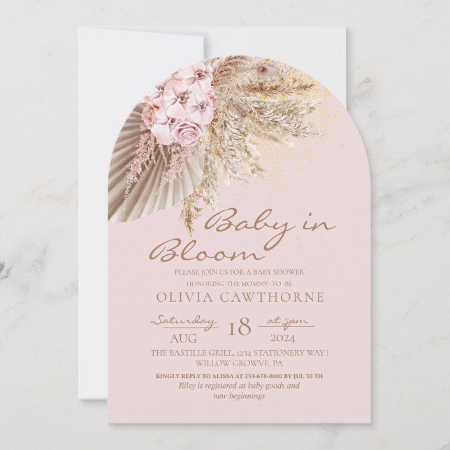 Boho  Rosa Elegant Blommigt Baby Shower Inbjudningar (Framsida)
