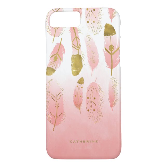Boho Rosa Feathers Faux Gold Foil Personlig Case-Mate iPhone Skal (Baksida)