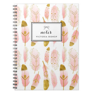 Boho Rosa Feathers Gold Foil Personlig Anteckningsbok