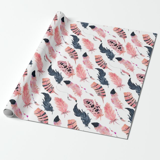 Boho Rosa Feathers Presentpapper (Utrullad)