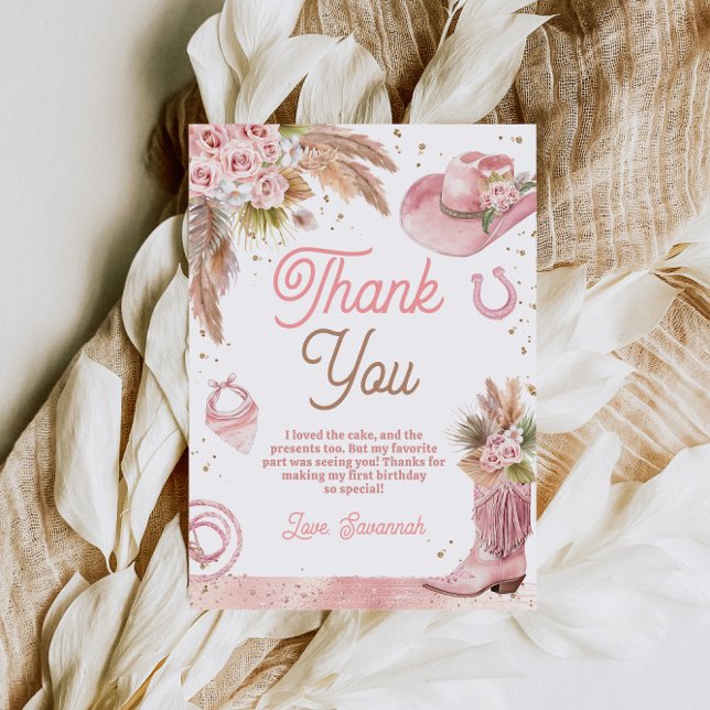 Boho Rosa First Rodeo 1:a födelsedagen Tack Kort (Boho Pink First Rodeo 1st Birthday Thank You Card)