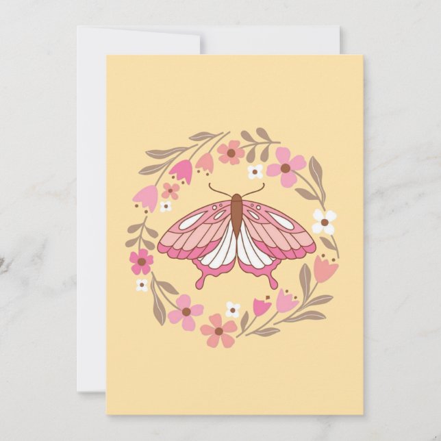 Boho Rosa Fjäril och Blommig Krans Illustration Inbjudningar (Framsida)