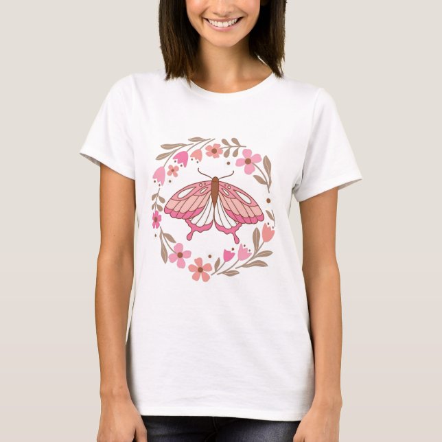 Boho Rosa Fjäril och Blommig Krans Illustration T Shirt (Framsida)