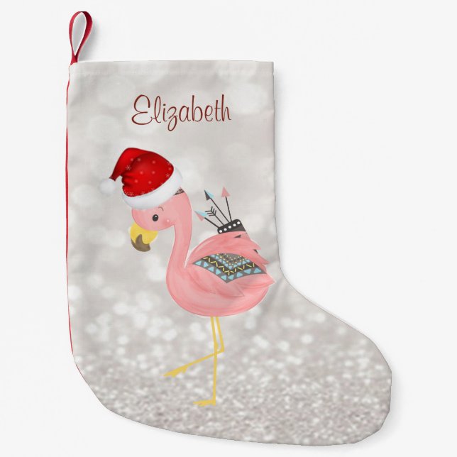 Boho Rosa Flamingo with Santa Hat ,Glittery Bokeh Liten Julstrumpa (Framsidan)