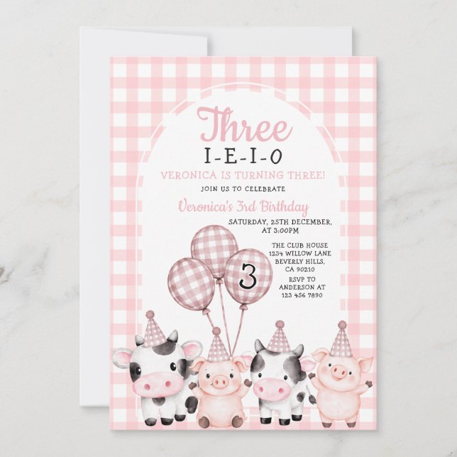 Boho Rosa Flicka Tre-U-U-U-O Födelsedagsgård djur  Inbjudningar (Framsida)
