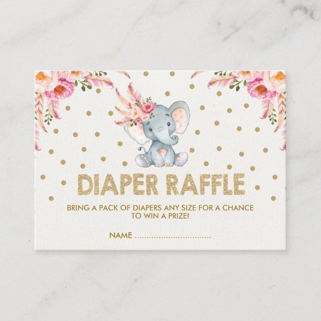 Boho Rosa Flowers Elephant Diaper Raffle Biljett Tilläggskort (Framsida)