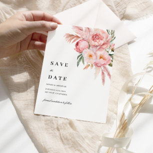 Boho Rosa Flowers Pampas Grass Save Date V.2 Inbjudningar