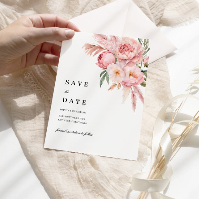Boho Rosa Flowers Pampas Grass Save Date V.2 Inbjudningar (Skapare uppladdad)