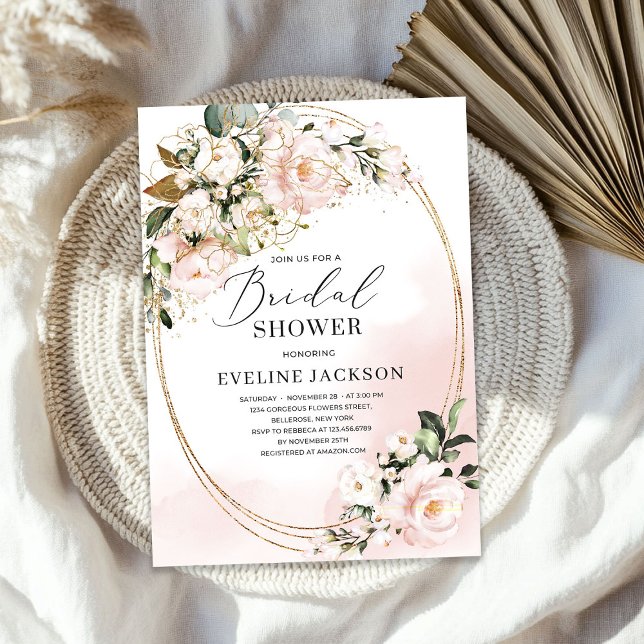 Boho  Rosa Flowers Ro faux guld oval grönt Inbjudningar (Boho Blush Pink Flowers Roses faux gold oval green Invitation)