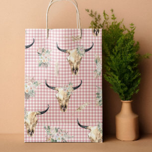 Boho Rosa Gingham Cow Skull Blommigt