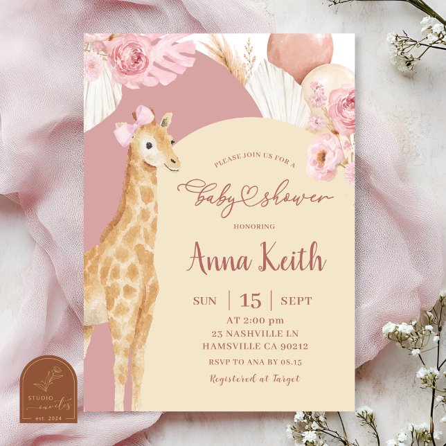 Boho Rosa Giraff Savana Bebis Shower Inbjudan (Skapare uppladdad)
