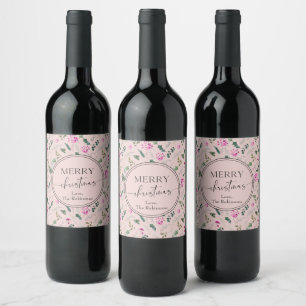 Boho Rosa Greenery jul Vinflaska Etikett
