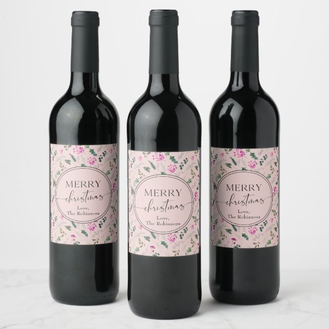 Boho  Rosa Greenery jul Vinflaska Etikett (Flaskor)