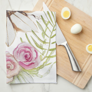 Boho Rosa Grön Brun Vit Blommig Trendig Kökshandduk
