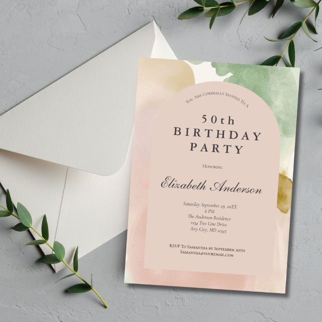 Boho Rosa Grön Guld Modern Båge 50-årsfirande Inbjudningar (Boho Dusty Pink Beige Green Gold Watercolor 50th Birthday invitation for her.)