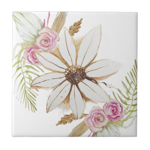 Boho rosa grön vit brun blomster dekorativ kakelplatta