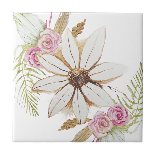 Boho rosa grön vit brun blomster dekorativ  kakelplatta (Framsidan)