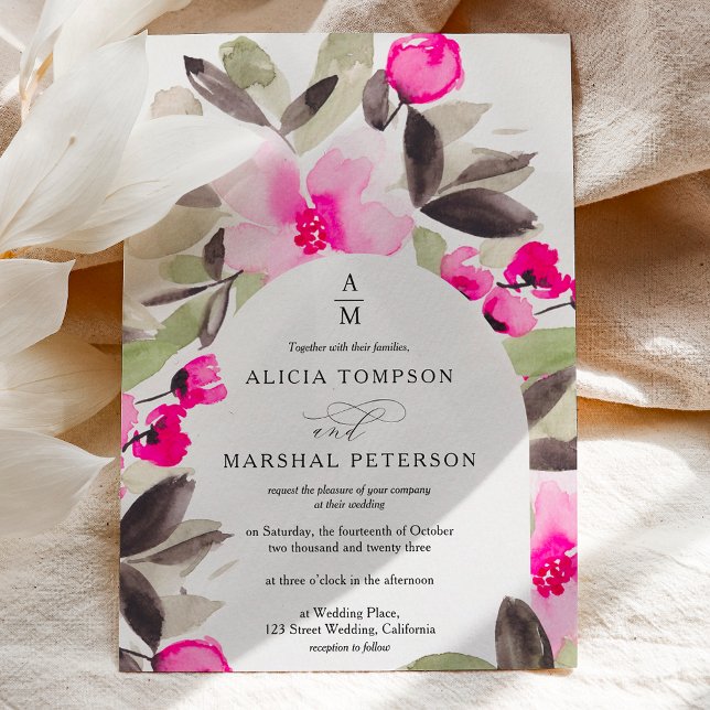 Boho rosa grönt blommigt vattencolor bröllop inbjudningar (Boho pink green floral watercolor wedding invitation)