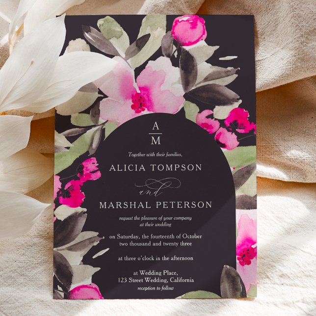 Boho rosa grönt blommigt vattencolor bröllop inbjudningar (Boho pink green floral watercolor wedding invitation on dark)