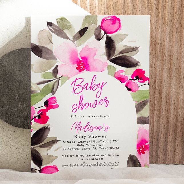 Boho rosa grönt blommigt vattenfärgsdusch för baby inbjudningar (Boho pink green floral watercolor baby shower invitation)