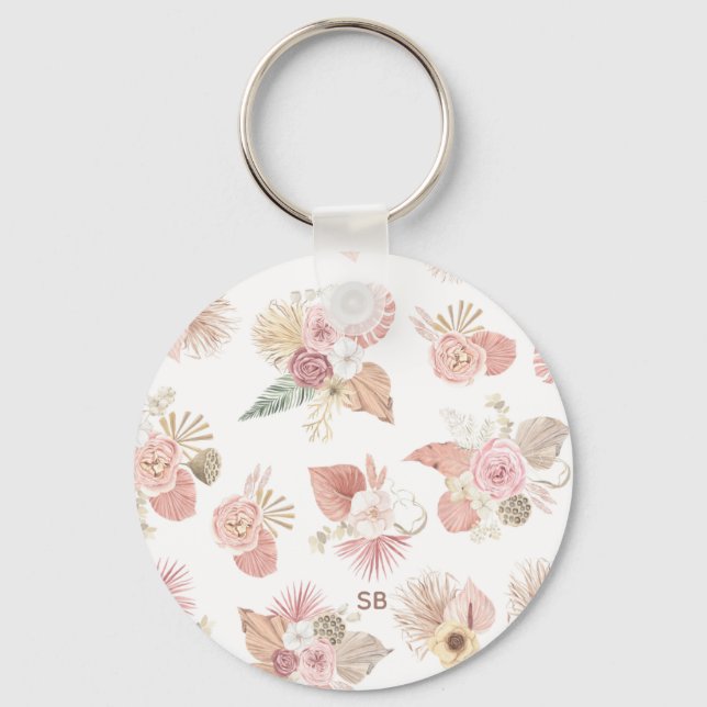 Boho Rosa Grönt Brown Blommigt Keychain Nyckelring (Framsida)