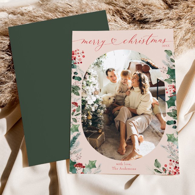 Boho Rosa Grönt Foliage Photo jul Card Julkort (Skapare uppladdad)