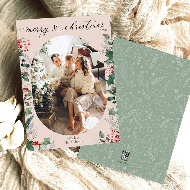 Boho Rosa Grönt Oval Photo God jul Card Julkort (Skapare uppladdad)