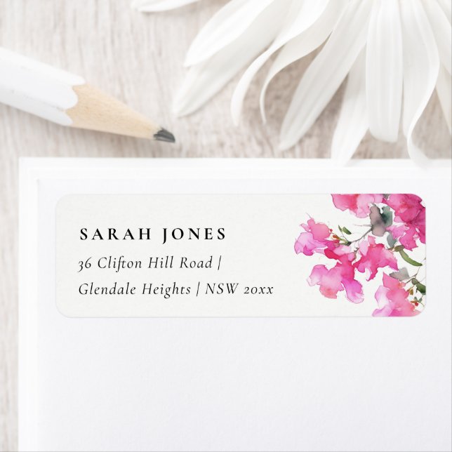 Boho Rosa Grönt Tropical Bougainvillea Adress Returadress Etikett (Insitu)