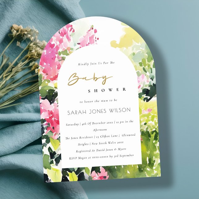 Boho Rosa Grönt Tropical Bougainvillea Baby Shower Inbjudningar (Skapare uppladdad)