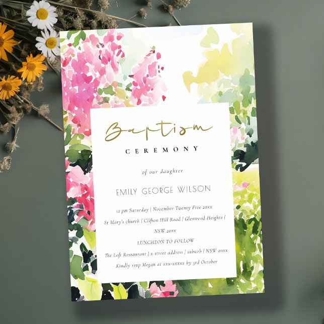 Boho Rosa Grönt Tropical Bougainvillea Bapitism Inbjudningar (Skapare uppladdad)
