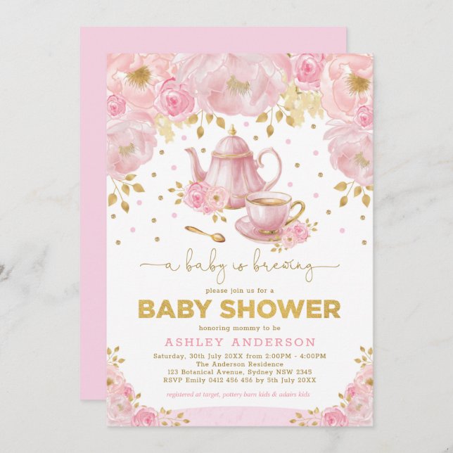 Boho  Rosa Guld Baby Shower Tea Party Inbjudningar (Fram/baksida)