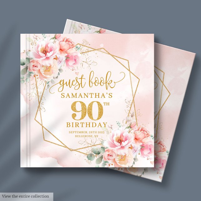 Boho  rosa guld blommigt 90 födelsedagsgäst bok (Boho blush pink gold floral 90th birthday guest book

)
