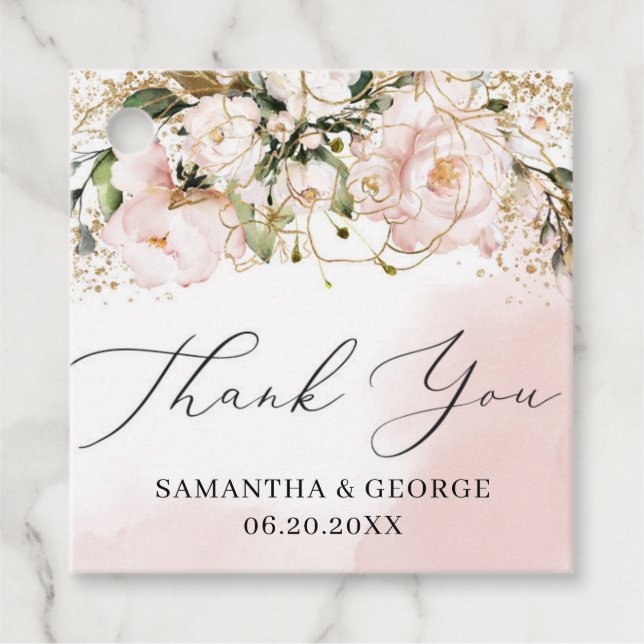 Boho  rosa guld blommigt calligraphy bröllop gåvor etiketter (Framsida)