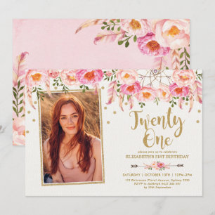 Boho Rosa Guld Blommigt Dreamcatcher 21:a födelsed Inbjudningar