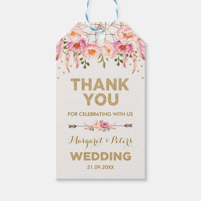 Boho Rosa Guld Blommigt Dreamcatcher Wedding Favor Presentetikett (Framsidan)