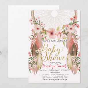 Boho Rosa Guld Dreamcatcher Baby Shower-inbjudan Inbjudningar