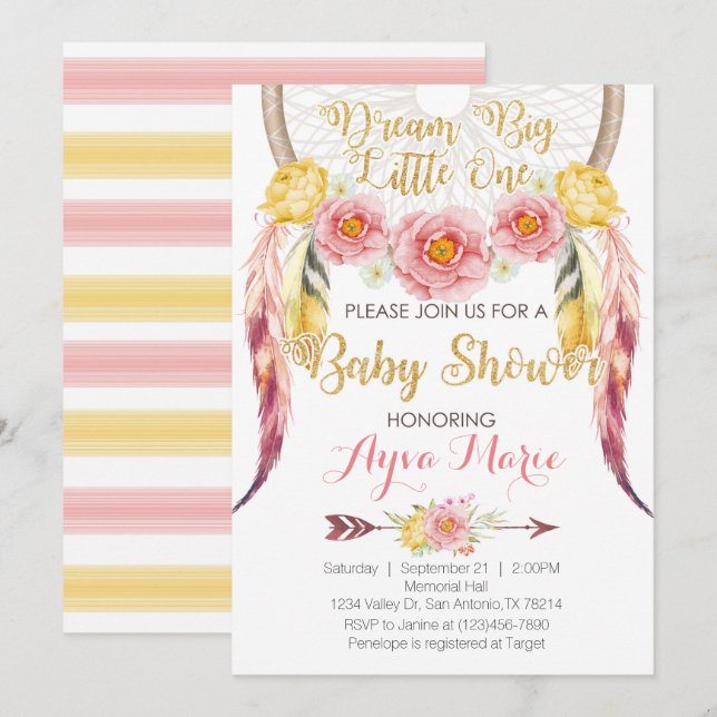 Boho rosa guld- Dreamcatcher baby showerinbjudan Inbjudningar (Fram/baksida)