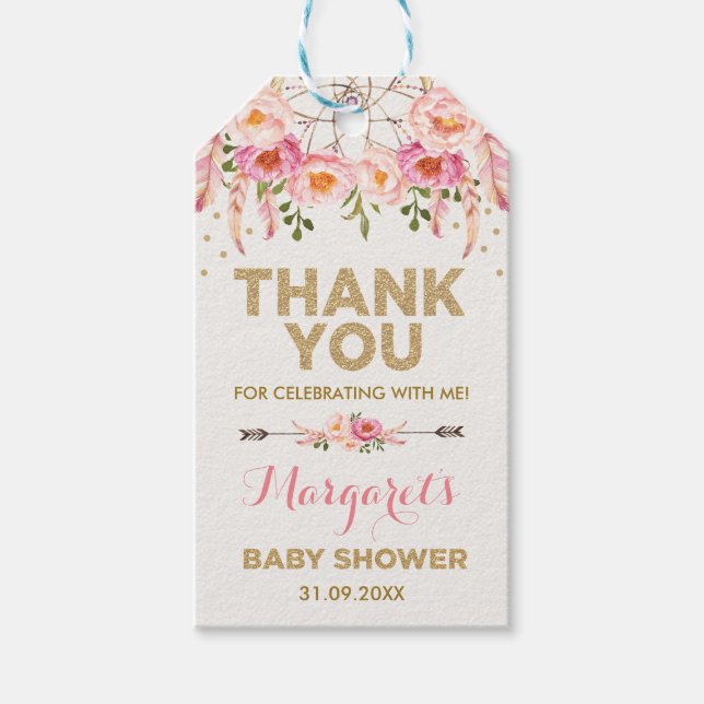 Boho Rosa Guld Flowers Flicka Shower Favoriter Presentetikett (Framsidan)