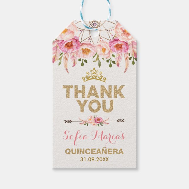 Boho Rosa Guld Flowers Quinceanera Favors Presentetikett (Framsidan)