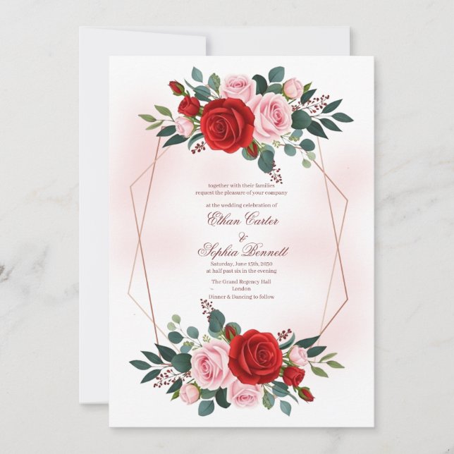 Boho Rosa Guld Hexagon Floral Bröllop Inbjudningar (Framsida)